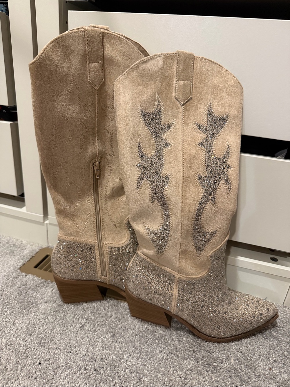Embellished Tan Suede Western Knee-High Boots